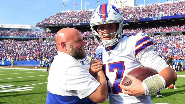 Sep 22, 2019; Orchard Park, NY, USA; Buffalo Bills quarterback Josh Allen (17) greets offensive coordinator Brian Daboll following the game against the Cincinnati Bengals at New Era Field.
